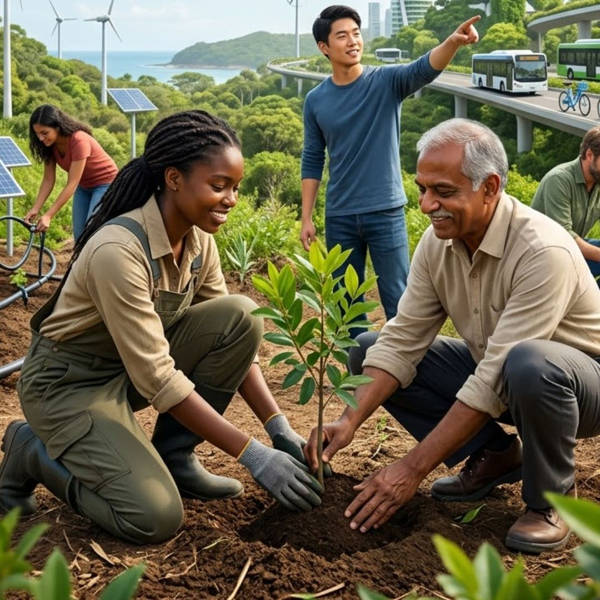 A diverse group of people of various ages and ethnicities collaborating on environmental initiatives.