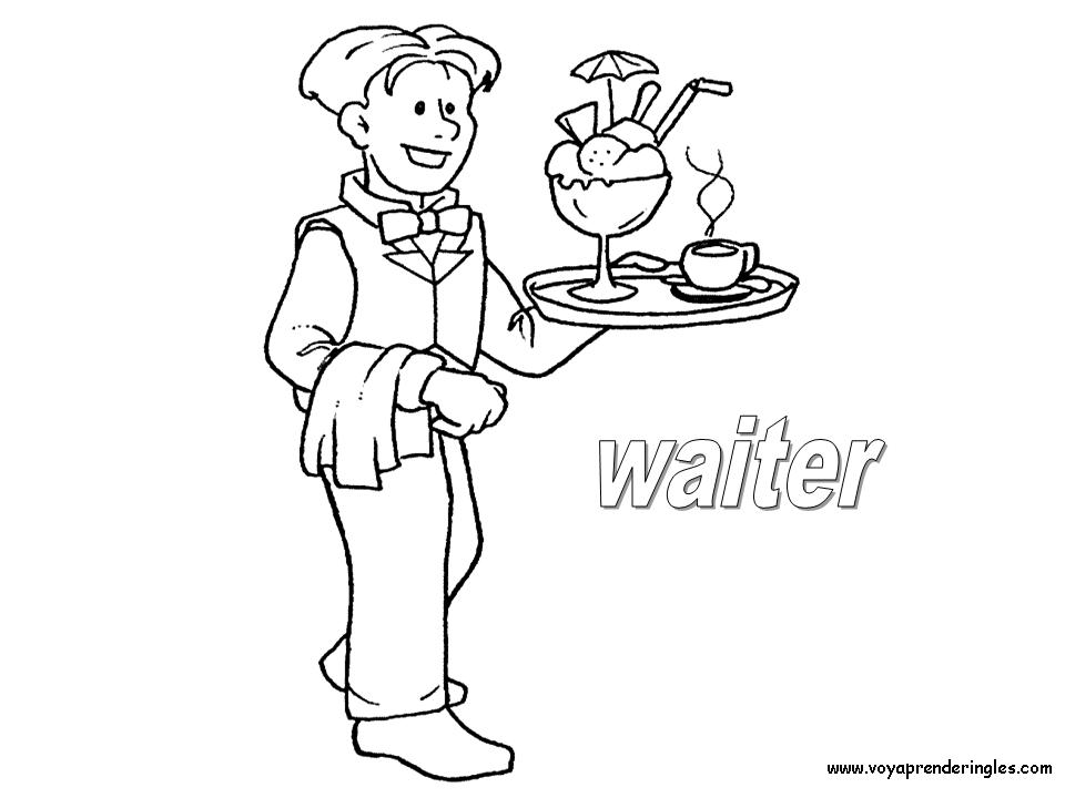 Waiter - Dibujos Profesiones para Colorear en Inglés