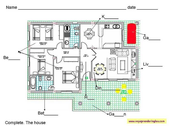 Rellena los espacios vacíos en la imagen para escribir en inglés las partes en que se divide la casa