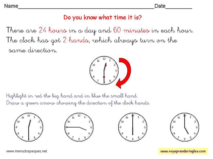 Worksheets The Clock 06 - Fichas Infantiles en Inglés el Reloj